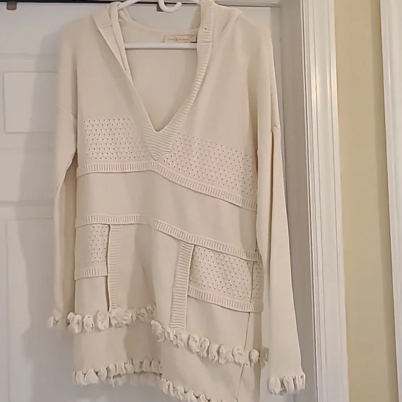 Tory Burch Women’s Baja Mixed Knit Hoodie Cream Tassel V Neck Pullover Sweater L - Picture 1 of 4